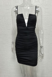 Black Fashion Sexy Solid Fold V Neck Wrapped Skirt Dresses
