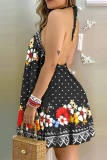 Pink Fashion Casual Print Bandage Backless Halter Sleeveless Dress