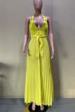 Yellow Sexy Solid Patchwork Fold Halter A Line Dresses