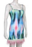 Multicolor Sexy Print Patchwork Feathers Spaghetti Strap Pencil Skirt Dresses