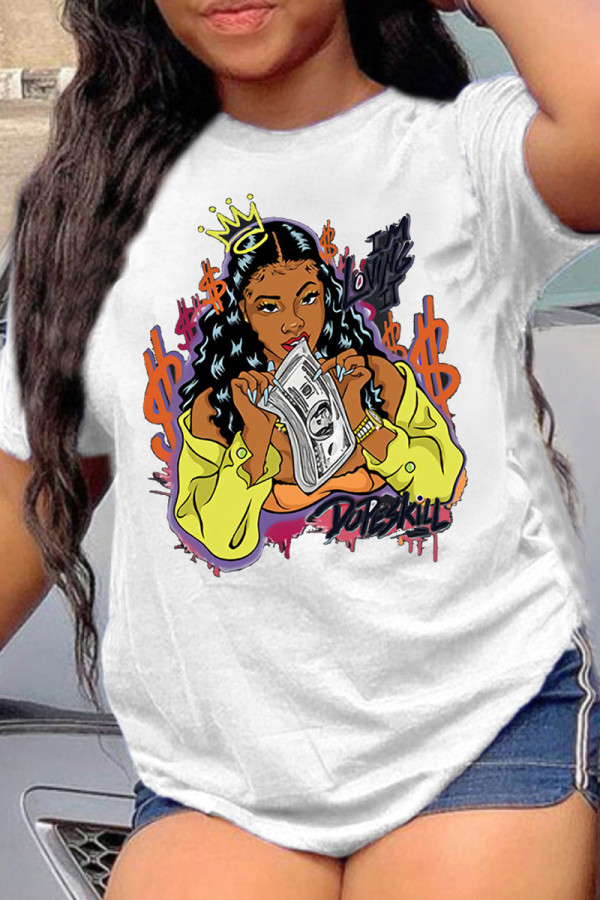 White Yellow Fashion Casual Print Basic O Neck T-Shirts
