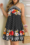 Pink Fashion Casual Print Bandage Backless Halter Sleeveless Dress