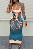 Blue Fashion Sexy Print Backless Spaghetti Strap Long Dress