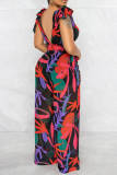 Multicolor Fashion Casual Print Bandage Backless V Neck Regular Jumpsuits