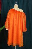 Orange Fashion Casual Solid Patchwork Fold Oblique Collar Long Sleeve Dresses