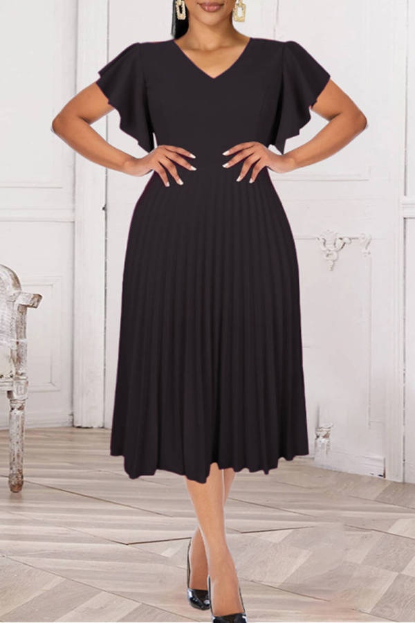 Black Fashion Casual Solid Patchwork V Neck Pleated Dresses