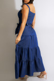 Blue Fashion Casual Solid With Belt Spaghetti Strap Vest Dress