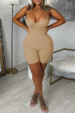 Coffee Sexy Casual Solid Backless Spaghetti Strap Skinny Romper