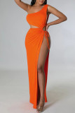 Cyan Sexy Solid Hollowed Out Patchwork Cross Straps Slit Oblique Collar Straight Dresses