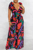 Multicolor Fashion Casual Print Bandage Backless V Neck Regular Jumpsuits
