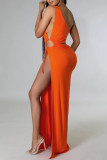 Cyan Sexy Solid Hollowed Out Patchwork Cross Straps Slit Oblique Collar Straight Dresses