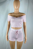 Light Pink Fashion Casual Striped Print Basic V Neck Short Sleeve Two Pieces