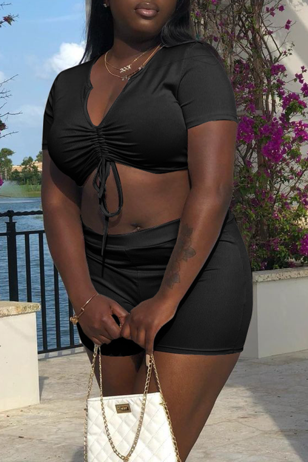 Black Sexy Solid Draw String V Neck Short Sleeve Two Pieces