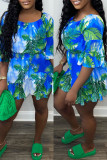 Blue Fashion Casual Print Patchwork Flounce O Neck Dresses