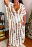 Pink Fashion Casual Patchwork Hollowed Out See-through Backless Slit V Neck Dresses