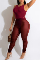Burgundy Fashion Sexy Solid See-through O Neck Sleeveless Two Pieces
