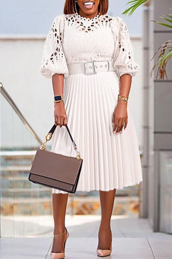 White Fashion Casual Solid Hollowed Out Patchwork With Belt O Neck Pleated Dresses