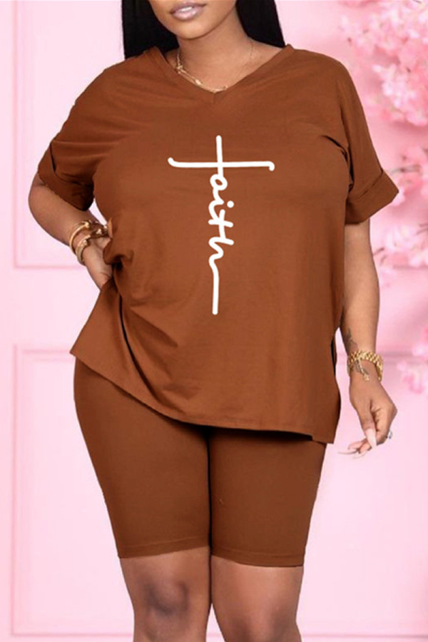 Coffee Fashion Casual Print Slit V Neck Short Sleeve Two Pieces