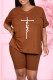Coffee Fashion Casual Print Slit V Neck Short Sleeve Two Pieces