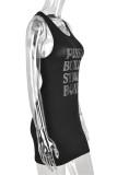 Black Fashion Casual Letter Hot Drilling Patchwork U Neck Vest Dress