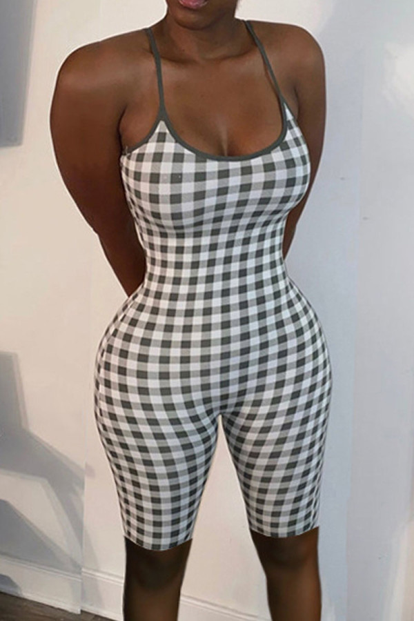 Gray Green Sexy Plaid Print Patchwork Spaghetti Strap Regular Rompers