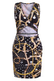 Black Sexy Print Hollowed Out Patchwork V Neck One Step Skirt Dresses