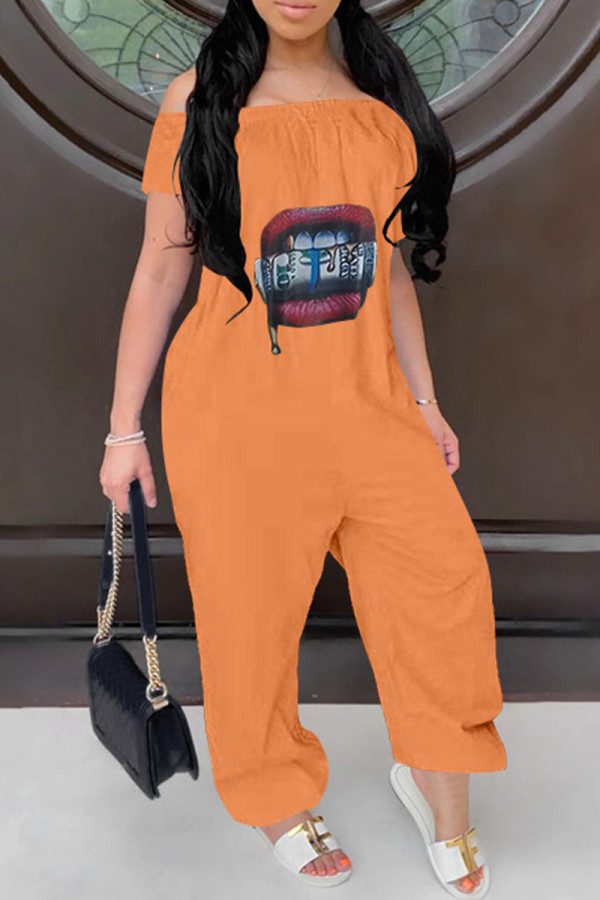 Orange Casual Print Patchwork Off the Shoulder Loose Jumpsuits