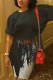 Black Fashion Casual Solid Tassel Patchwork Asymmetrical O Neck T-Shirts