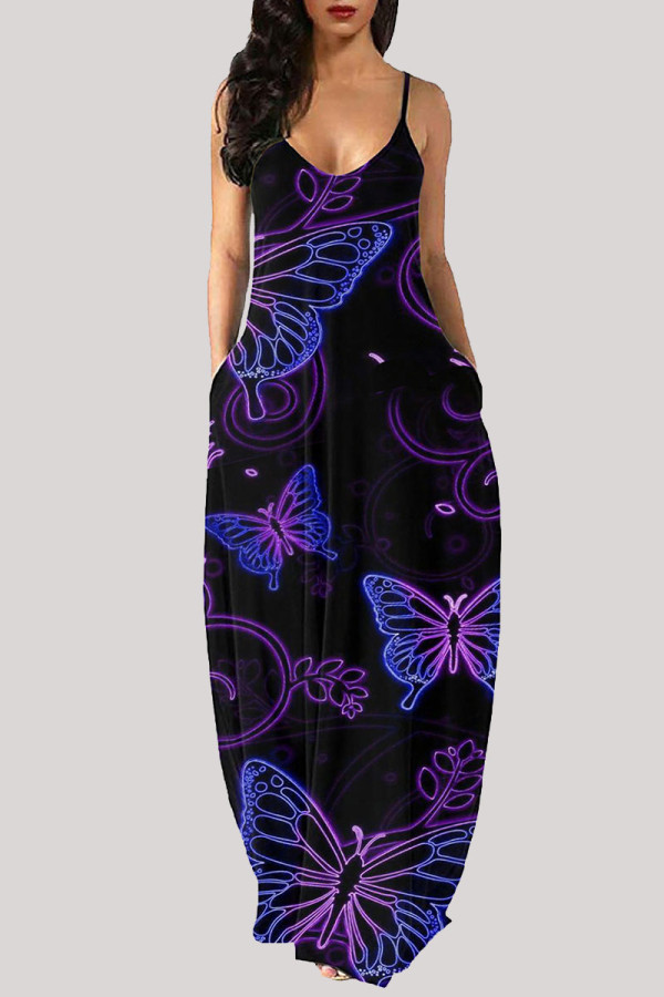 Purple Fashion Sexy Casual Butterfly Print Backless Spaghetti Strap Long Dress Dresses