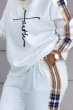 White Casual Print Patchwork O Neck Long Sleeve Two Pieces