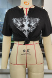 Black Casual Street Print Patchwork V Neck T-Shirts