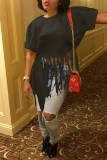 Coffee Fashion Casual Solid Tassel Patchwork Asymmetrical O Neck T-Shirts