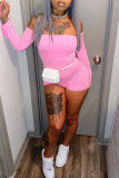 Pink Fashion Sexy Solid Backless Off the Shoulder Skinny Romper