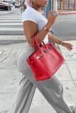 Grey Fashion Casual Solid Basic Regular High Waist Trousers
