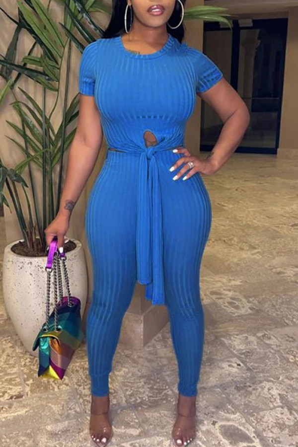 Blue Casual Solid Patchwork Slit Asymmetrical O Neck Short Sleeve Two Pieces