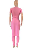 Pink Casual Solid Patchwork Slit Asymmetrical O Neck Short Sleeve Two Pieces