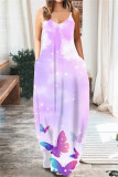 Purple Fashion Casual Print Backless Spaghetti Strap Long Dress
