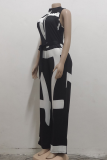 Black And White Sexy Print Patchwork V Neck Straight Jumpsuits