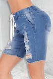 Blue Fashion Casual Solid Ripped High Waist Regular Denim Shorts