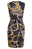 Black Sexy Print Hollowed Out Patchwork V Neck One Step Skirt Dresses