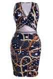 Black Sexy Print Hollowed Out Patchwork V Neck One Step Skirt Dresses