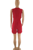 Red Casual Print Patchwork Square Collar Straight Rompers