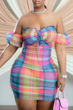 Blue Sexy Plaid Patchwork Off the Shoulder Pencil Skirt Dresses
