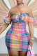 Blue Pink Sexy Plaid Patchwork Off the Shoulder Pencil Skirt Dresses