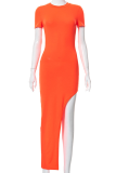 Tangerine Red Sexy Solid Patchwork O Neck Irregular Dress Dresses