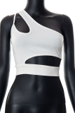 White Sexy Solid Patchwork One Shoulder Tops