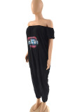 Red Casual Print Patchwork Off the Shoulder Loose Jumpsuits