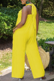 Yellow Fashion Casual Solid Hollowed Out Backless Halter Regular Jumpsuits