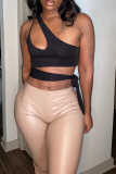 White Sexy Solid Patchwork One Shoulder Tops