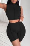 Coffee Casual Sportswear Solid Patchwork O Neck Sleeveless Two Pieces